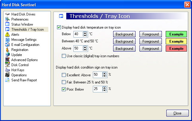 Thresholds and tray icon settings
