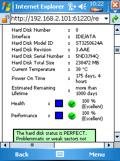 Hard Disk Status displayed in a remote browser (PDA)Hard Disk Status displayed in a remote browser (PDA)