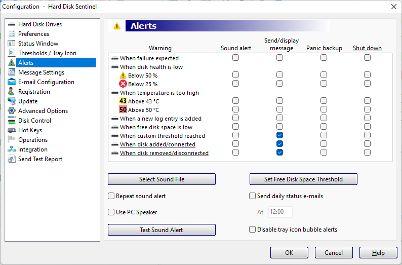hard disk alert options