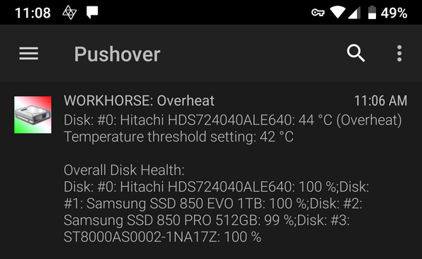 Hard Disk Sentinel Pro and Powershell example to Pushover notifications